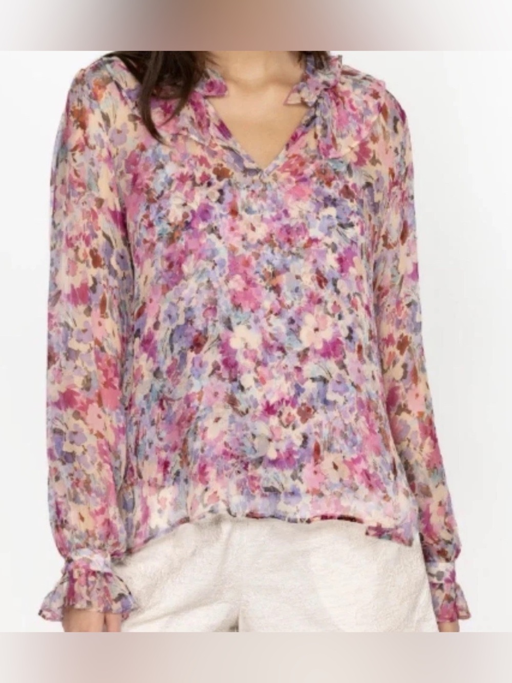Johnny Was Silk Pink Purple Floral‎ Ruffle V-Neck Blouse Large - Picture 6 of 7
